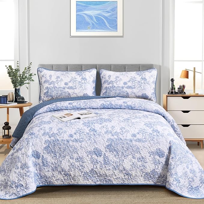 WONGS BEDDING Blue Quilt Set King Size, 3 Pieces Botanical Bedspreads Set - Image 2