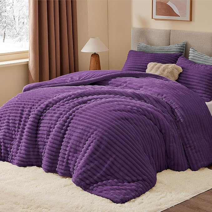 BEDELITE Fleece Full Comforter Set -Super Soft & Warm Fluffy Purple Bedding - Image 3