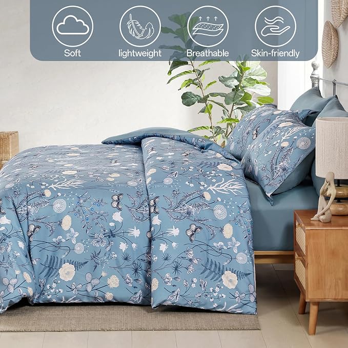 Yiran Blue Comforter Set King Size, 7 Piece Floral Comforter Bedding Set - Image 6