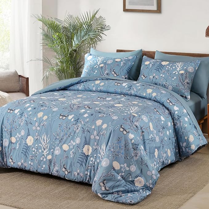 Yiran Blue Comforter Set Queen Size, 7 Piece Floral Comforter Bedding Set - Image 2