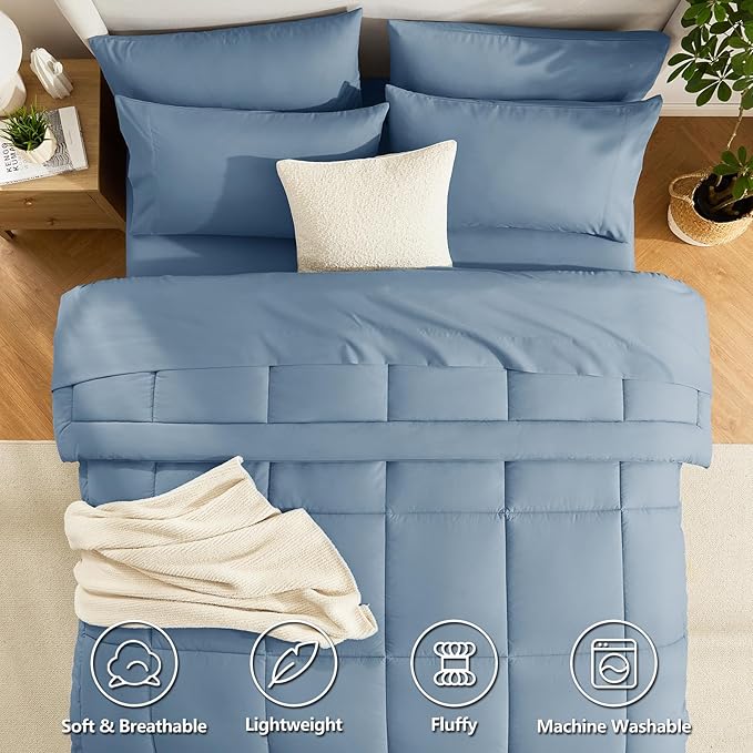 CozyLux Queen Comforter Set Dusty Blue, 7 Pieces Bed in a Bag, All Season - Image 2