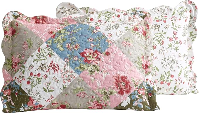 Brilliant Sunshine Peach and Olive Flowers Patchwork, 3-Piece Quilt Set - Image 6