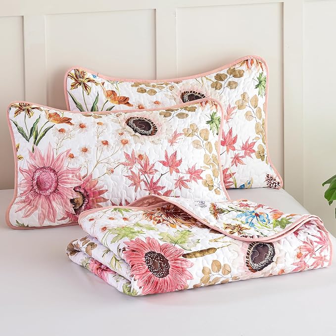 Yiran Pink Floral Quilts Queen Size, Sunflower Botanical Bedspread Bedding Set - Image 8