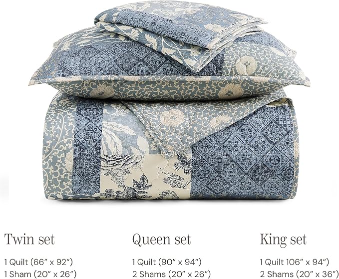 BLOOMHAVEN Quilt Set Twin Size, Patchwork Blue Floral Quilt Sets, Reversible - Image 8