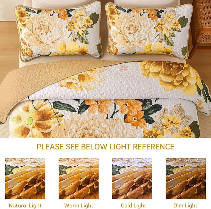 WONGS BEDDING Yellow Floral Quilt Set King, 3 Pieces Reversible Lightweight - Image 8