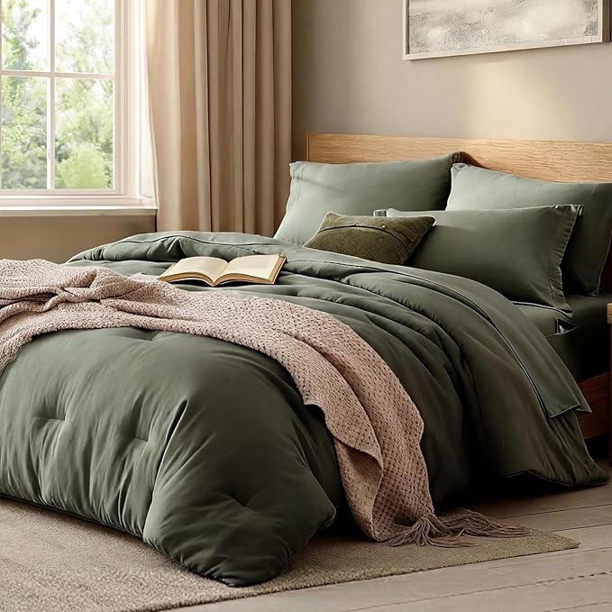 WRENSONGE Queen Comforter Set- 7 Pieces Soft Olive Green Bed in a Bag by WRENSONGE