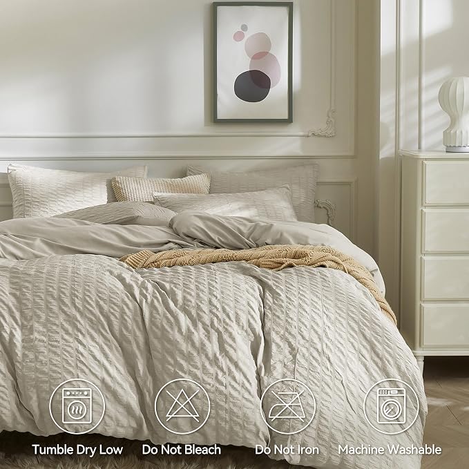 JELLYMONI Beige Duvet Cover Queen Size, Soft Breathable Seersucker Duvet Cover - Image 5