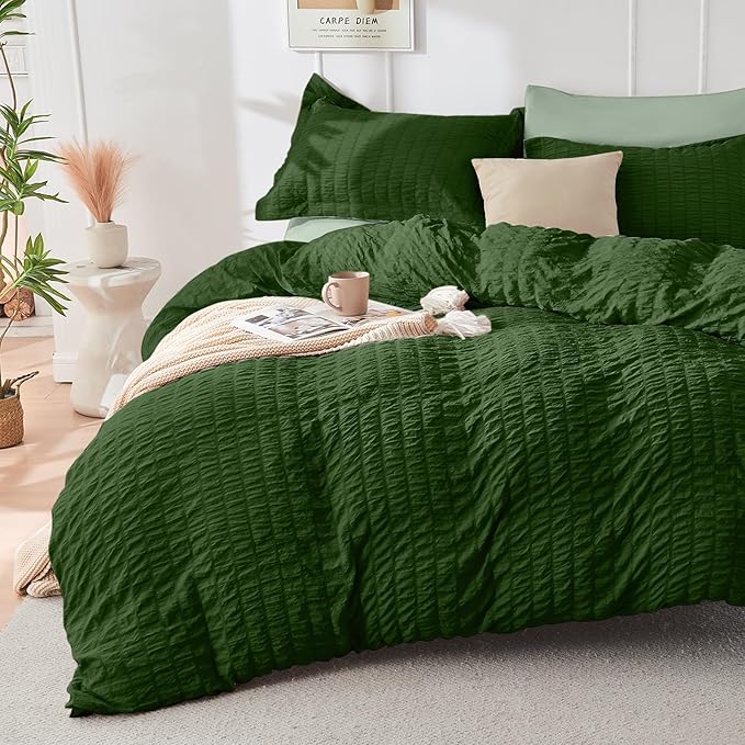 HYMOKEGE Dark Green/Sage Green Queen Comforter Set Seersucker 7 Pieces - Image 2