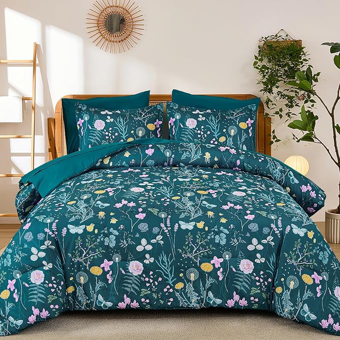 Yiran Teal Blue Comforter Set Queen Size, 7 Piece Floral Botanical Comforter by Yiran