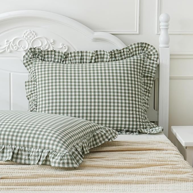 2 Pack Sage Green White Plaid Ruffle Pillow Shams Standard Size 20x26 inches by Qilunn