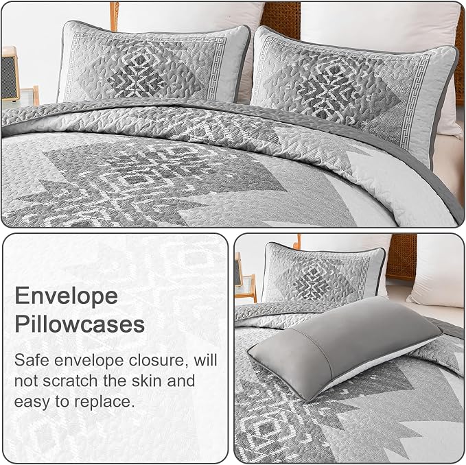 Boho Quilt Set King Size 3 Pieces Grey Aztec King Quilt Set Bohemian Bedspread - Image 5