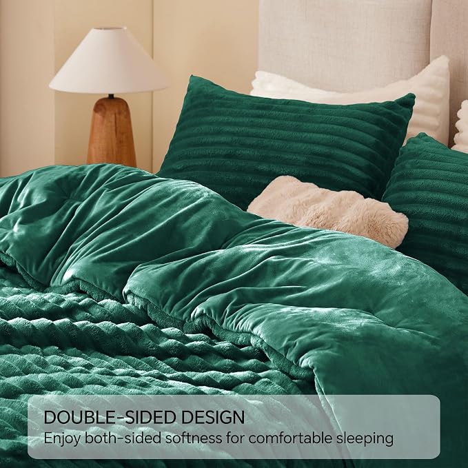 BEDELITE Fleece Queen Comforter Set -Super Soft & Warm Fluffy Dark Green Bedding - Image 5