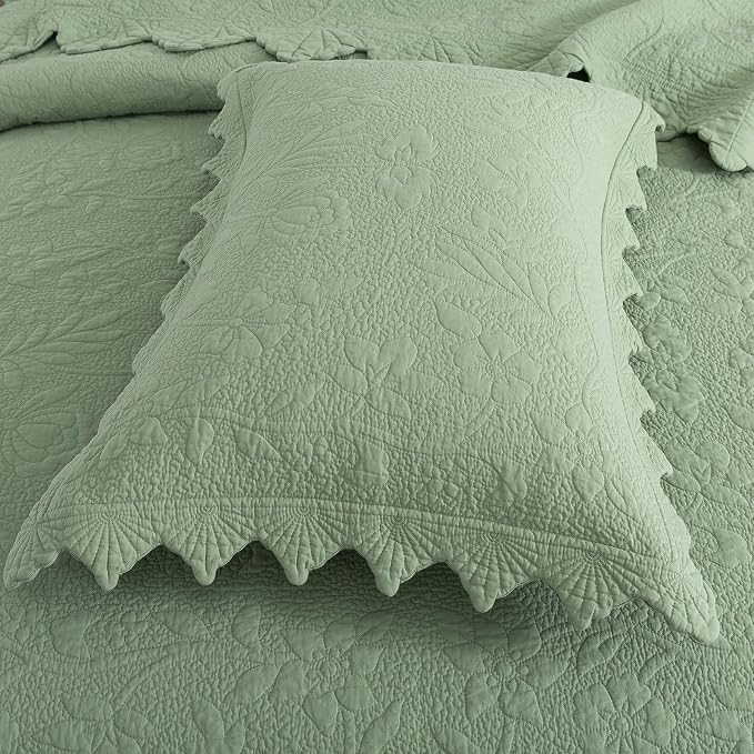 Brandream Luxury King Quilt Set Cotton Sage Green Floral Vine Stitching - Image 5