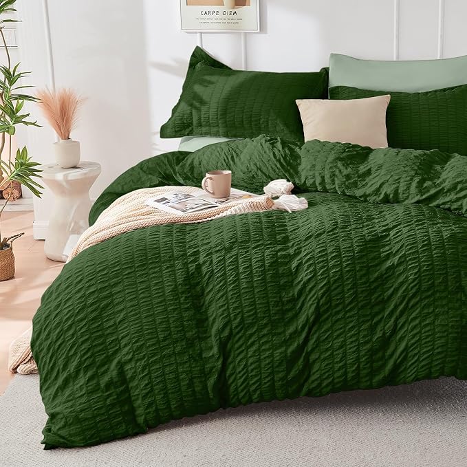 HYMOKEGE Dark Green/Sage Green King Size Comforter Set Seersucker 7 Pieces - Image 2
