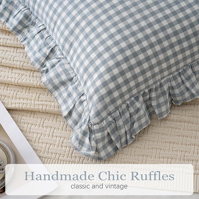 2 Pack Blue White Plaid Ruffle Throw Pillow Covers Farmhouse Checkered Chic - Image 4