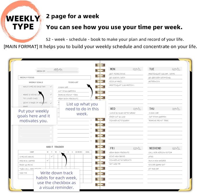 Undated Weekly Planner with Metal Corner Hardcover Notebook, A5 Size Journal - Image 4