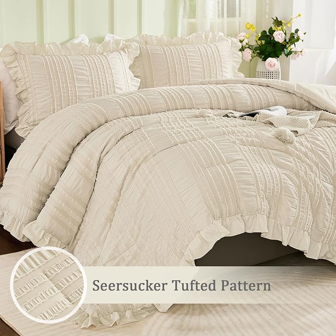 WONGS BEDDING Beige Ruffle Queen Comforter, Boho Shabby Chic Bedding - Image 5