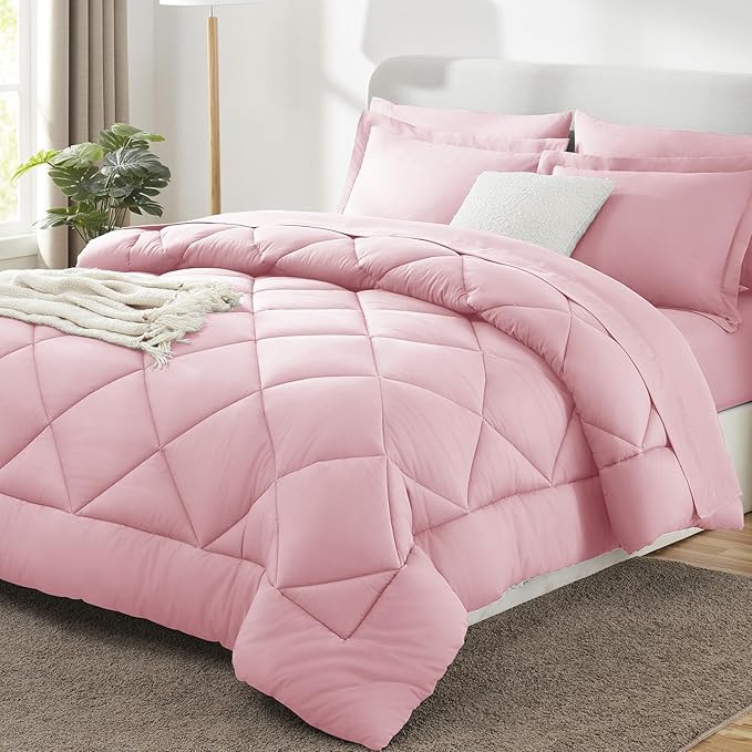 CozyLux Oversized Queen Comforter Set Pink, 7 Pieces Bed in a Bag Comforter Set by CozyLux