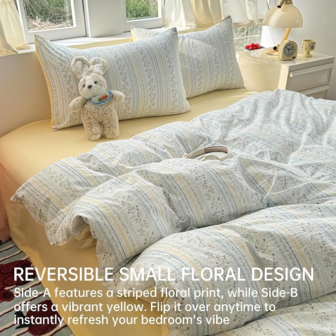 BOLINLIVING Vintage Floral Duvet Cover Twin Size, Kids Girls Blue Striped - Image 2