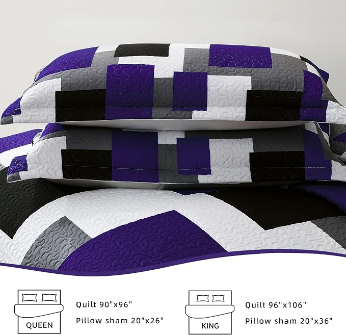 Tyrot 3 Piece Dark Purple Grey Quilt Set Full/Queen Size Black White Geometric - Image 7