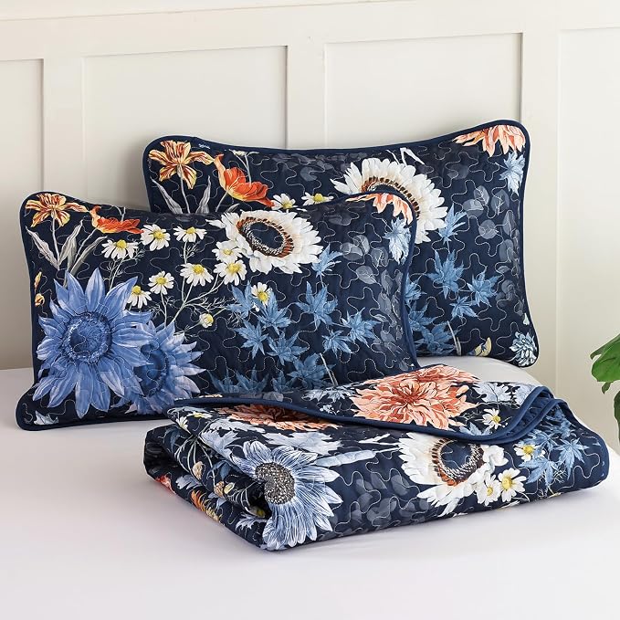Yiran Navy Blue Sunflower Floral Quilt Set King Size, Botanical Colorful - Image 8