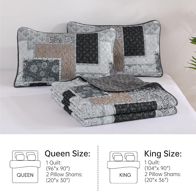 Xruibed Grey Quilt Set King Size 3 Pieces Plaid Floral Boho Bedspread Coverlet - Image 9