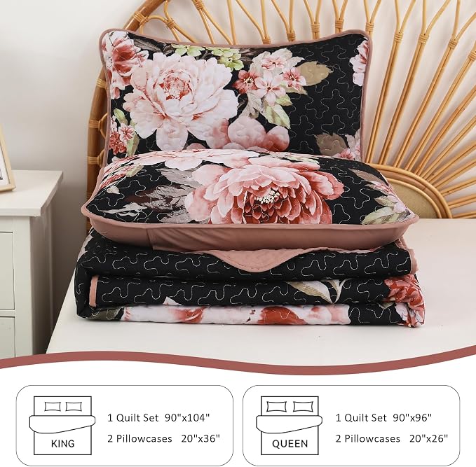 WONGS BEDDING Black Quilt Set Queen, 3 Pieces Pink Floral Bedspreads - Image 7
