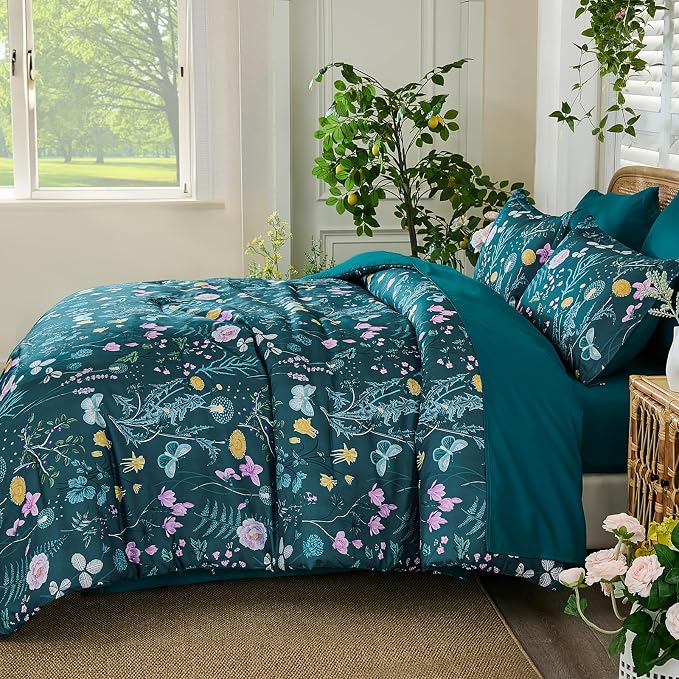 Yiran Teal Blue Comforter Set King Size, 7 Piece Floral Botanical Comforter - Image 6