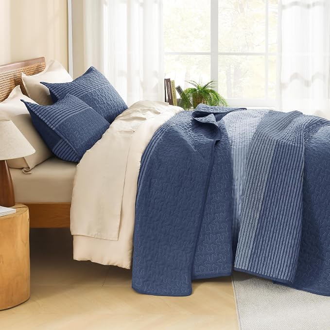Litanika Quilt King Size Sapphire Blue, Stripe Patchwork Summer Bedspread - Image 2