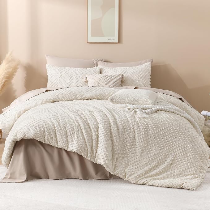 Andency Beige California King Comforter Set, 3 Pieces Cream Boho Tufted Cal - Image 2