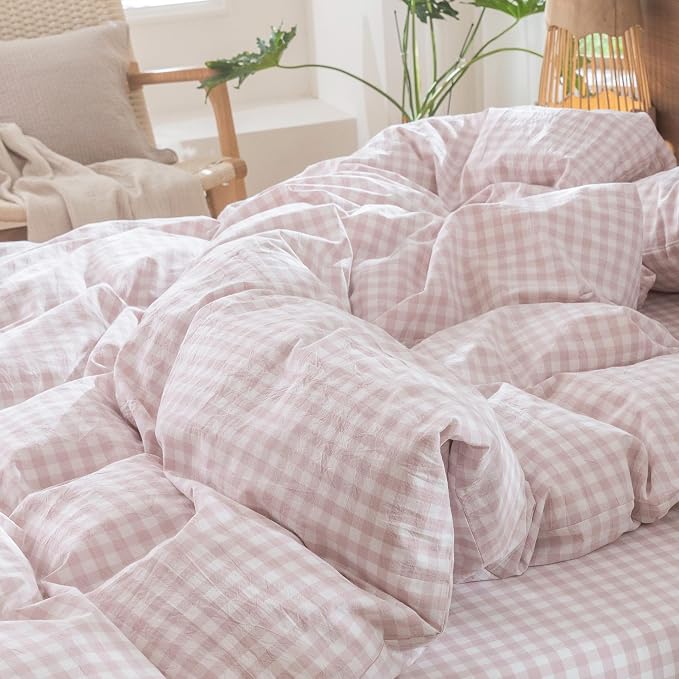 MooMee Gingham Duvet Cover Set 100% Washed Cotton Linen Like Textured - Image 9