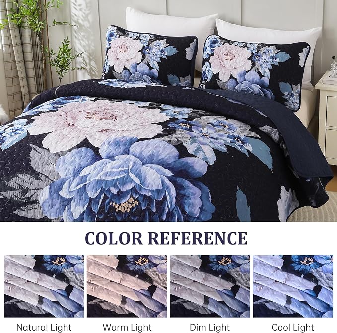 WONGS BEDDING Navy Boho Floral Quilt Set King, 3 Pieces Elegant Blue Flower - Image 7