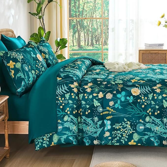 Yiran Queen Comforter Set 7 Piece, Teal Green Floral Bedding Set, Bed in a Bag - Image 3