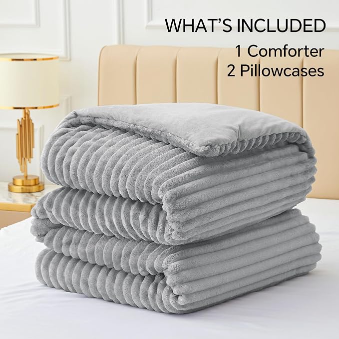 BEDELITE Fleece Queen Comforter Set -Super Soft & Warm Fluffy Light Grey Bedding - Image 6