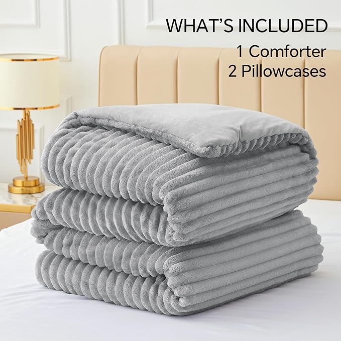 BEDELITE Fleece Full Comforter Set -Super Soft & Warm Fluffy Light Grey Bedding - Image 6