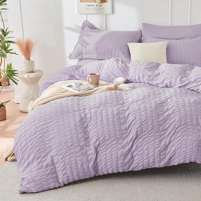 HYMOKEGE Lavender Duvet Cover Full Size, Ultra Soft 3-Piece Seersucker Duvet by HYMOKEGE