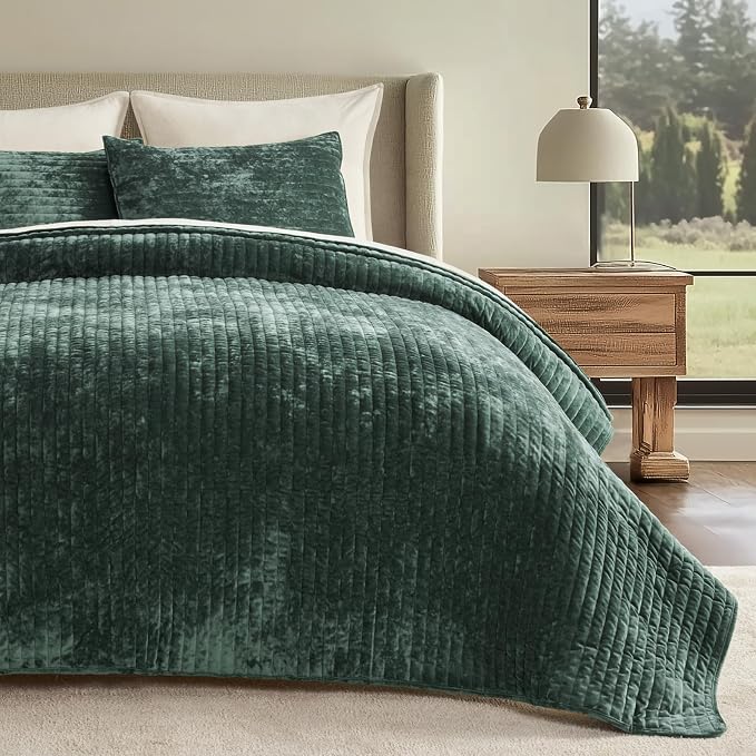 EVERGRACE Velvet Quilt Set King Size, Luxurious Soft Striped Channel Bedding Set - Image 7
