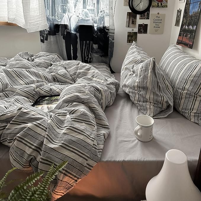 mixinni Vintage Gray & White Striped Duvet Cover Set - Image 3
