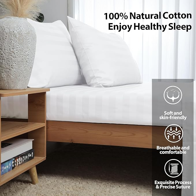Twin XL Size Striped Fitted Sheet Only White Color, 100% Egyptian Cotton 600 - Image 2