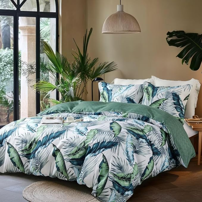 OAITE Duvet Cover King Size, Reversible Summer Leaf Green Duvet Cover Set - Image 2