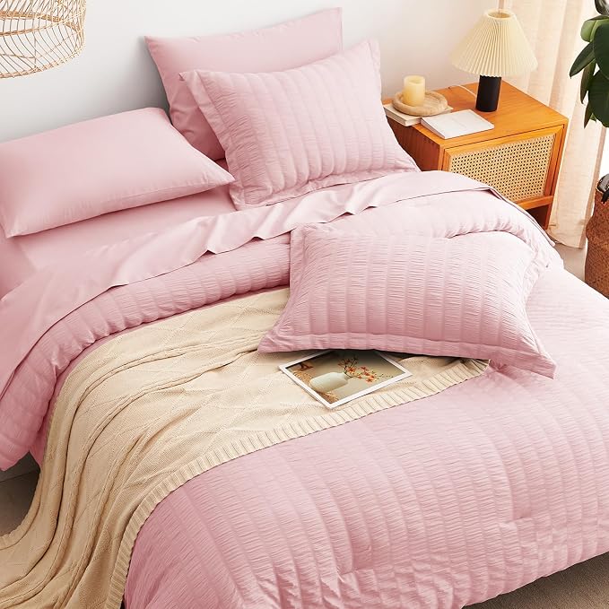 CozyLux Queen Comforter Set Pink Seersucker 7 Pieces Bed in a Bag Queen - Image 6