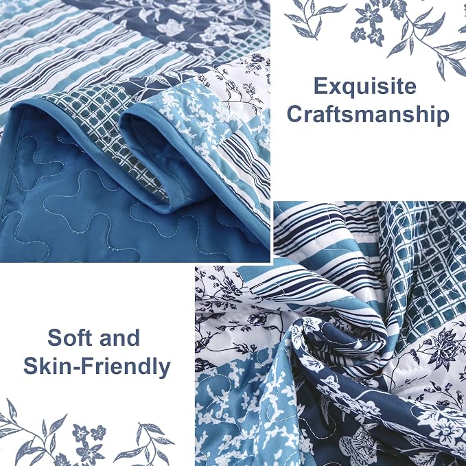 Mybedsoul Navy Blue Quilt Set King Size, 3 Pieces Plaid Floral Bedspread Set - Image 5