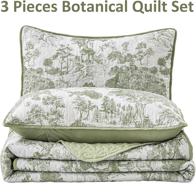 WONGS BEDDING Botanical Quilt Set California King Size, Sage Green 3 Pieces - Image 7