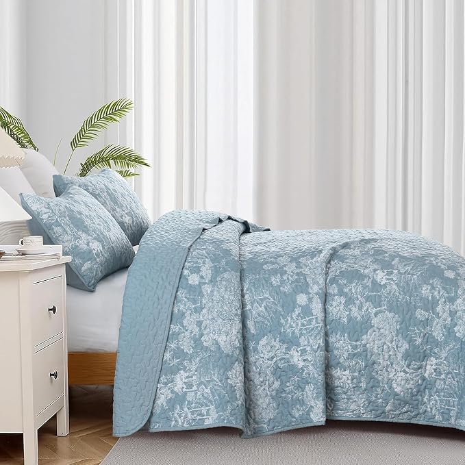 WONGS BEDDING Botanical Quilt Set Queen Size, Aqua 3 Pieces Toile Floral Plants - Image 3