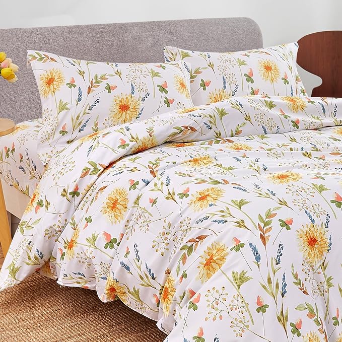 JSD Yellow Floral Duvet Cover Set King Size, 3 Piece Spring Printed Microfiber - Image 2