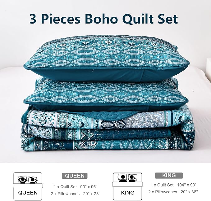 WONGS BEDDING Boho Queen Quilt Set, Lightweight Microfiber Bed Decor Bedspread - Image 7