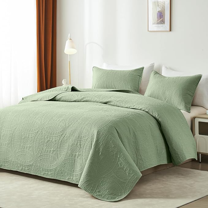akkialla King Size Quilt Set, Sage Green Ultrasonic Bedspread, Lightweight Soft - Image 2