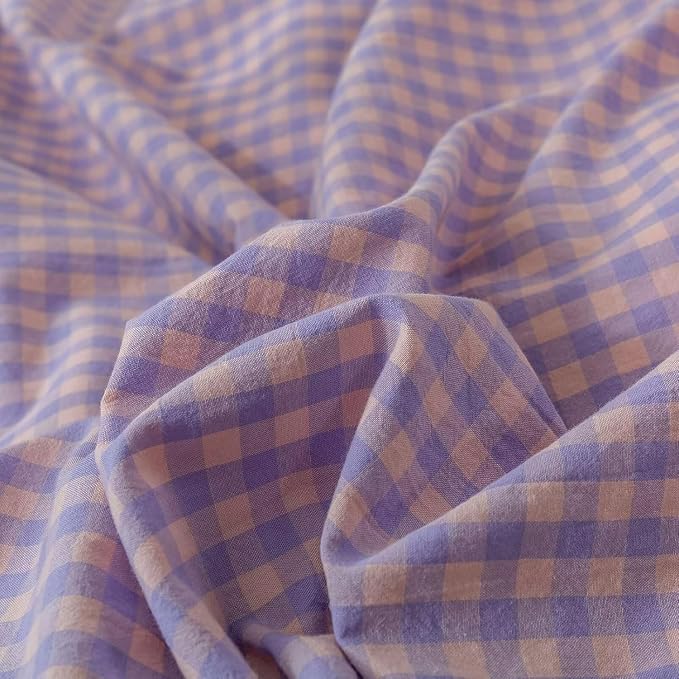 mixinni Purple Gingham Grid Duvet Cover King, 100% Washed Cotton Modern - Image 5
