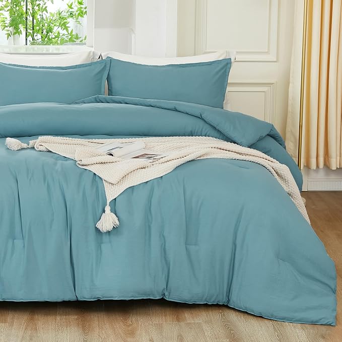 Litanika Grayish Teal Comforter Full Size, 3 Pieces Lightweight Solid Bedding - Image 3