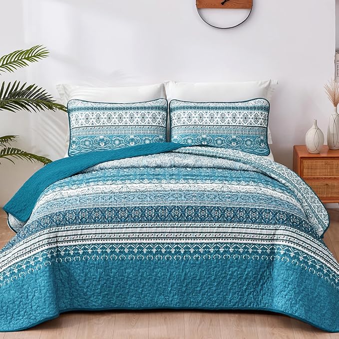 WONGS BEDDING Boho Queen Quilt Set, Teal and Blue Bohemian Quilt Bedding Set by WONGSBEDDING